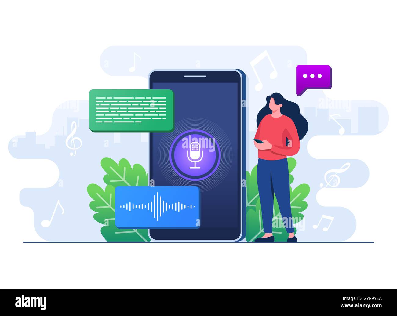 Riconoscimento vocale, conversione di messaggi vocali online in testo utilizzando bot online di intelligenza artificiale, messaggi vocali, assistente vocale online Illustrazione Vettoriale