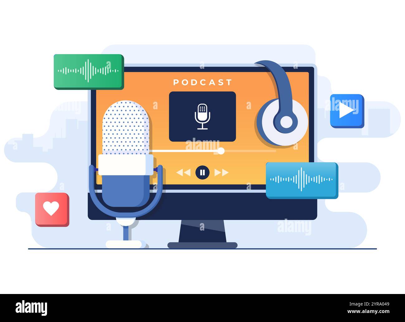 Ascoltate il podcast sul modello vettoriale di illustrazione piatta dello schermo del computer, webinar sulla registrazione, tutorial, corso online, podcast, postazione di lavoro host radio, fratello Illustrazione Vettoriale