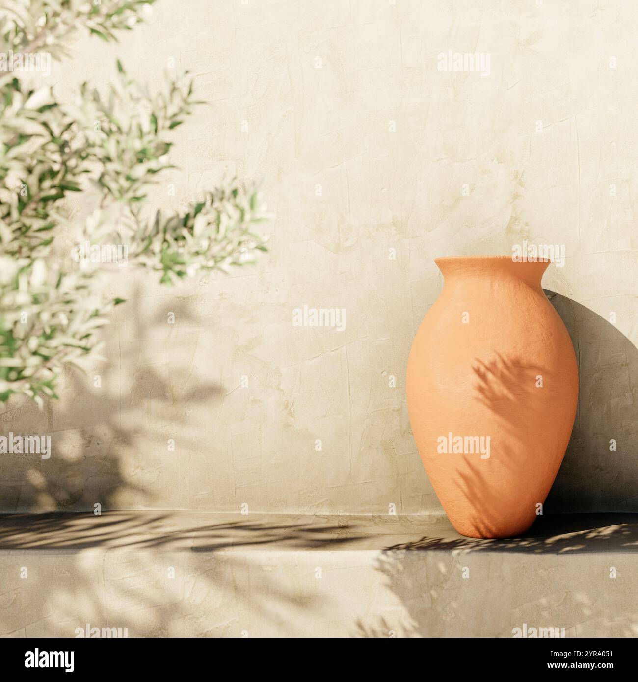 Ombra di ulivo su un muro rustico beige con vaso di argilla. Design estivo mediterraneo tradizionale dell'architettura domestica, estetica neutra. Tela di verniciatura Foto Stock