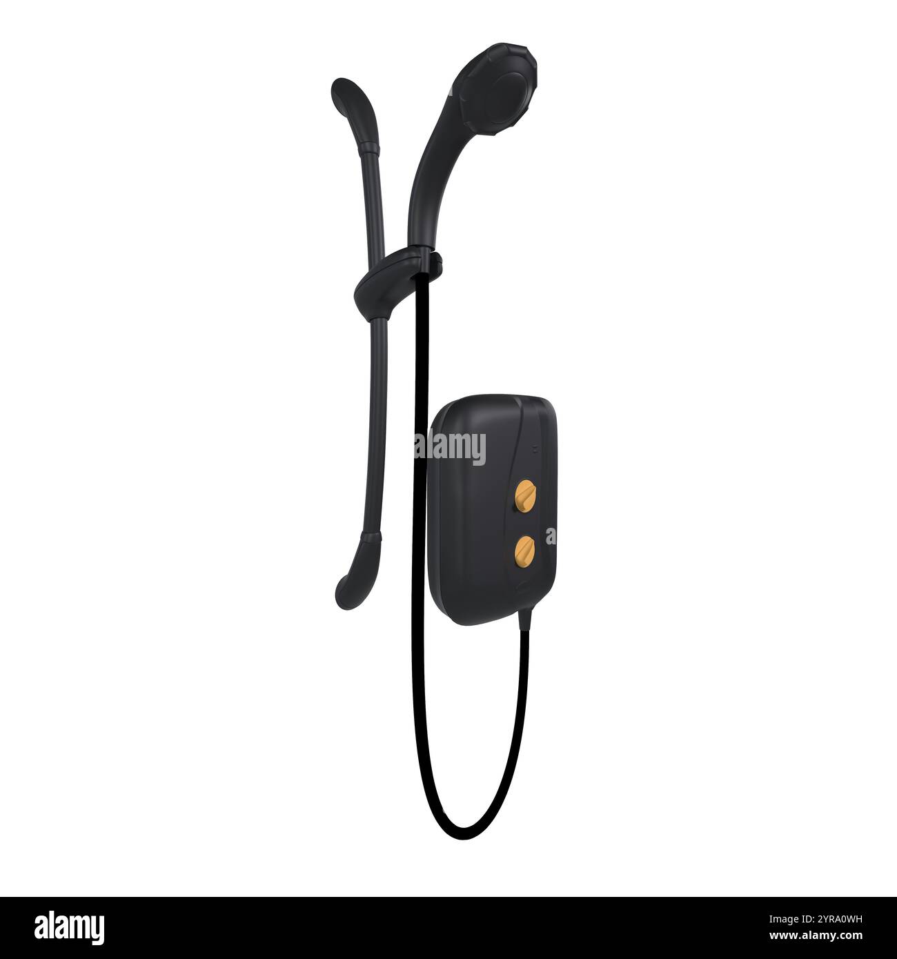 Il rendering 3D dettagliato presenta una cuffia nera con caratteristiche distinte e un design elegante. Foto Stock