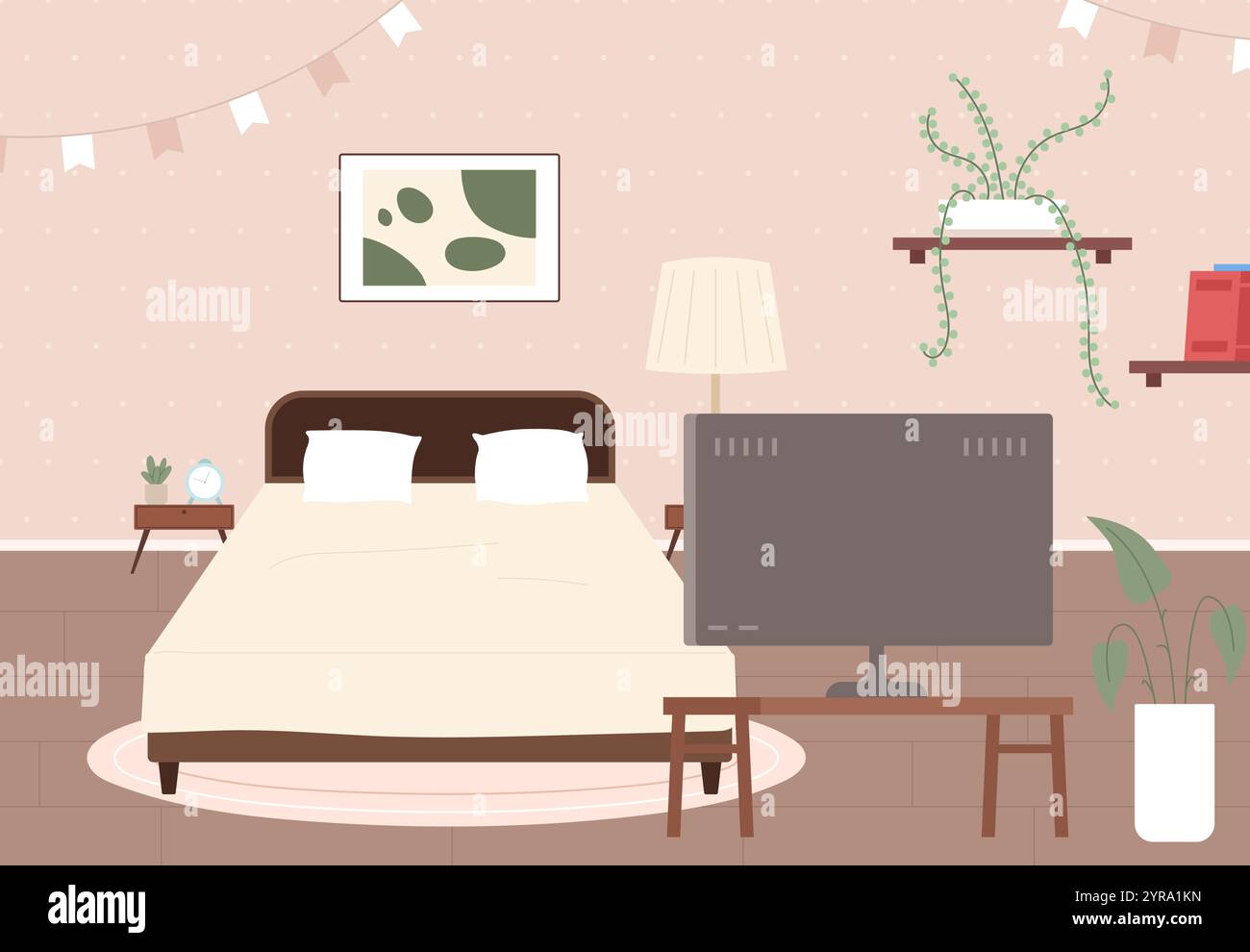 Interni accoglienti. Letto, scaffali con piante e libri, tv sul tavolo. Arredi e accessori per il design della casa. Sala cartoni animati per dormire, vettoriale Illustrazione Vettoriale