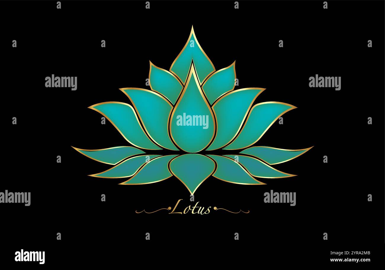 Fiore di loto sacro, ornamento floreale di lusso in oro, design con logo. Fiore d'epoca simbolo dello yoga, spa, salone di bellezza, cosmetici, relax, stile del marchio Illustrazione Vettoriale