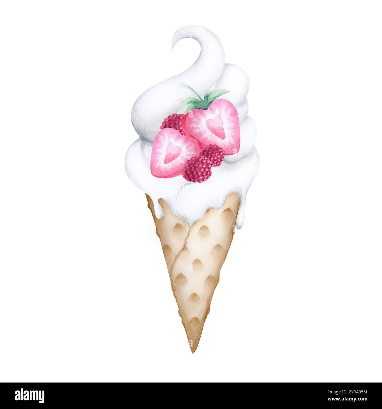 Gelato con fragole e acquerello lampone illustrazione isolata. Cono per cialde trafilato a mano con fragole a forma di cuore tagliate a metà per un romantico San Valentino e un design dolciario. Foto Stock
