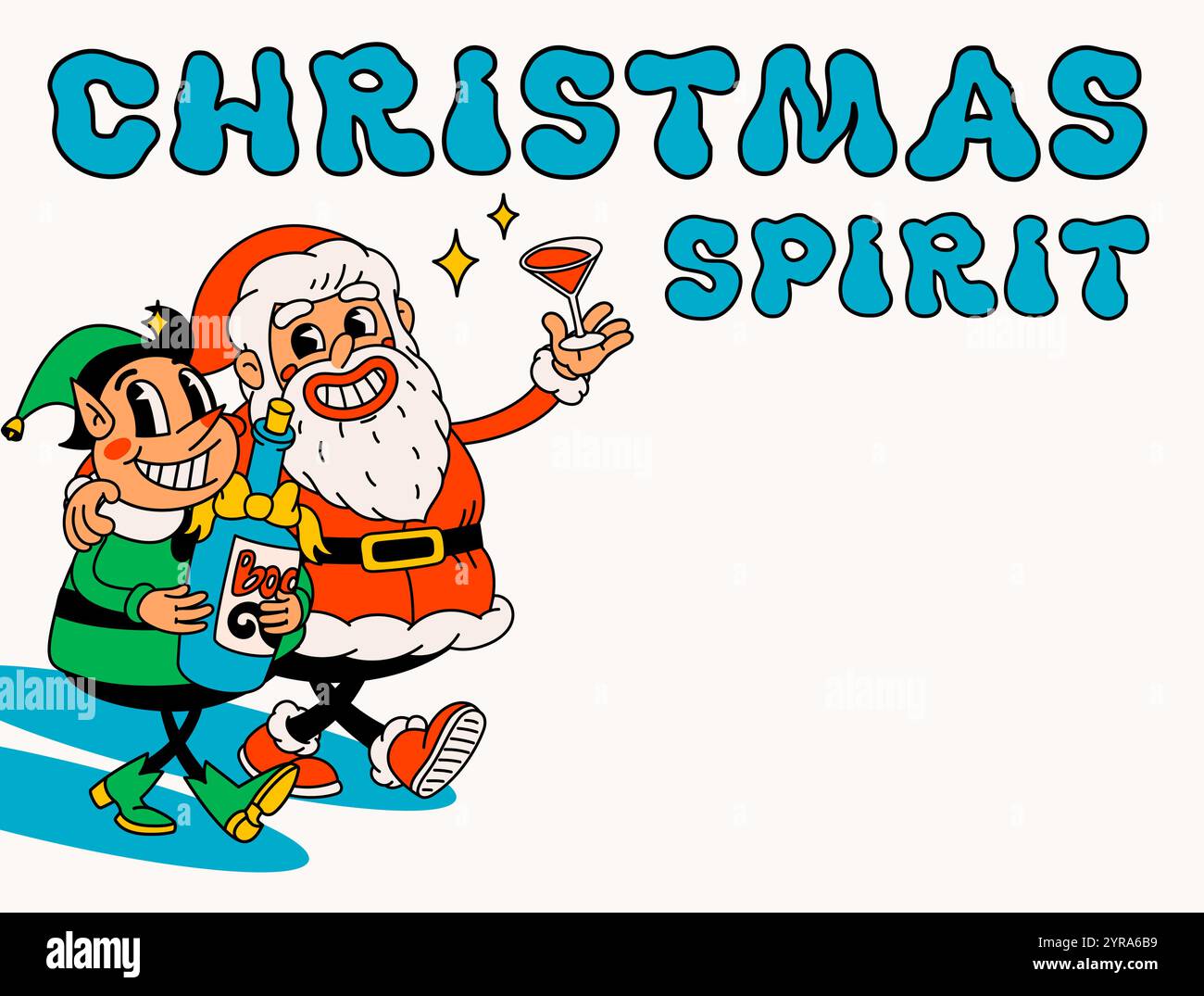 Babbo Natale ubriaco ed elfo con testo di spirito natalizio. Simpatici personaggi vintage di Babbo Natale e degli elfi che celebrano le vacanze Illustrazione Vettoriale