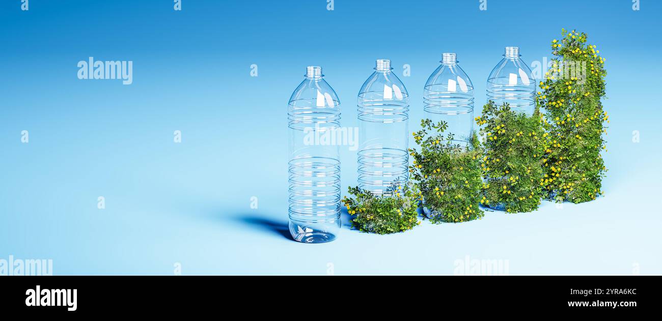 Bottiglie d'acqua in plastica trasparente ricoperte da sinistra a destra da un prato verde sempre più pieno di fiori. Concetto di conservazione ambientale awar Foto Stock