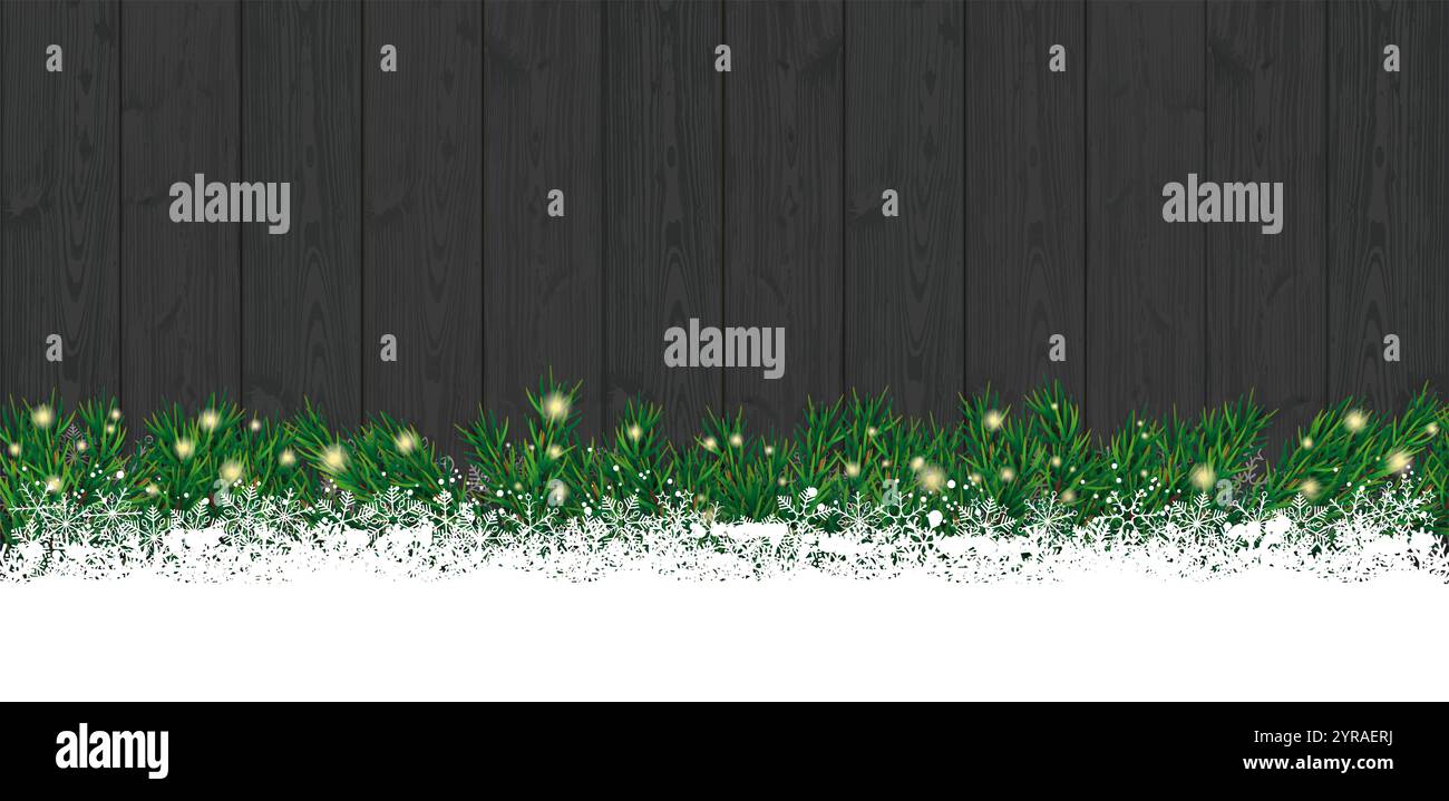 Twigs natalizi Biancaneve Grissetti di Natale verde di legno scuro con fiocchi di neve e sfondo di legno scuro. Foto Stock