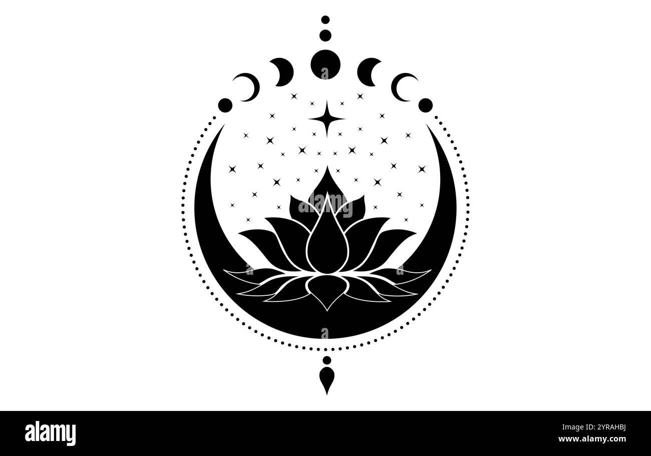 Design del logo Mystical Crescent Moon e Sacred Lotus Flower with Stars Moon Phases. Magia floreale clipart celeste di yoga, spa, salone di bellezza, cosmetica Illustrazione Vettoriale