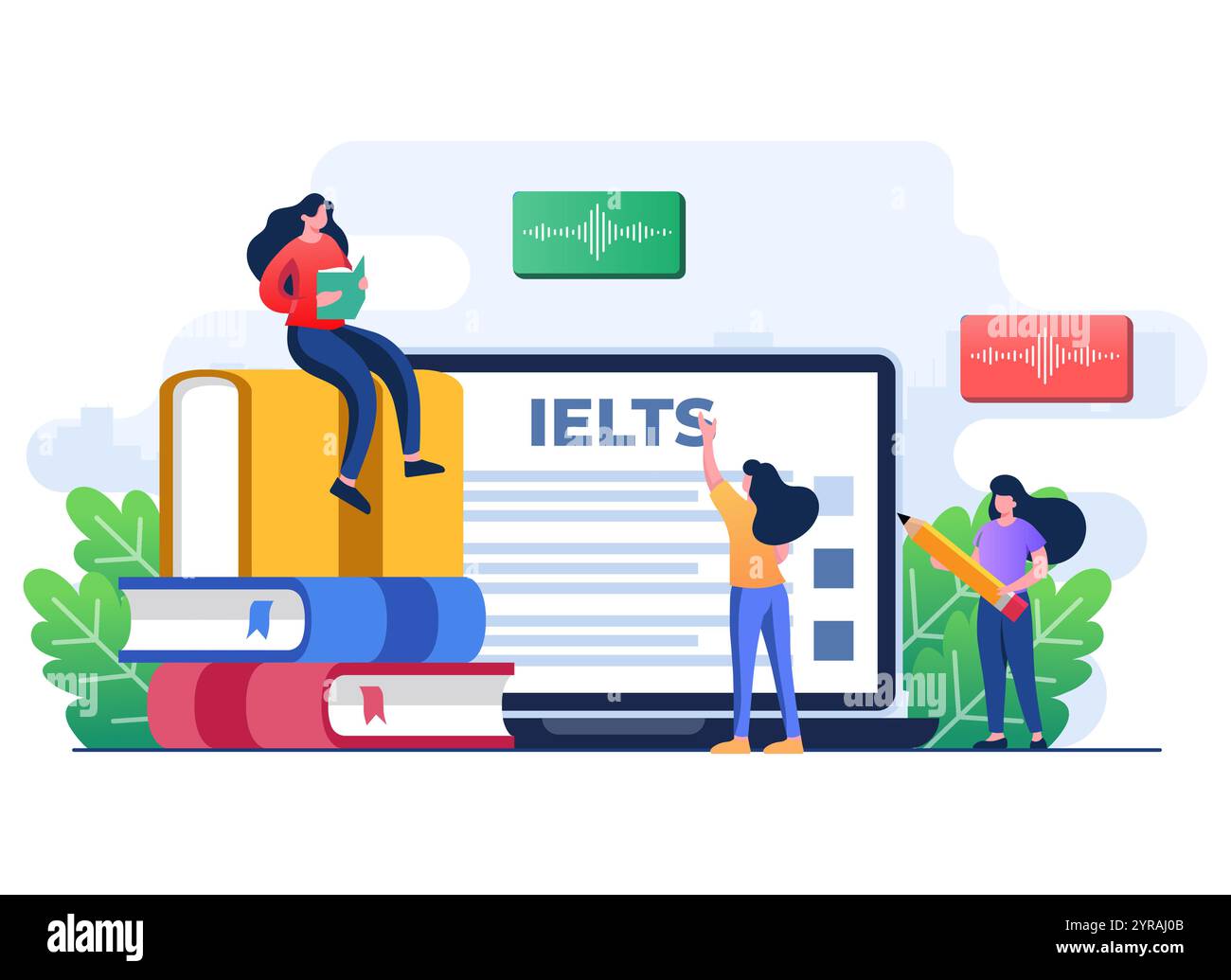 IELTS, International English Language Testing System, studenti che si preparano all'esame e studiano per migliorare le lingue, test di conoscenza dell'inglese flat ill Illustrazione Vettoriale
