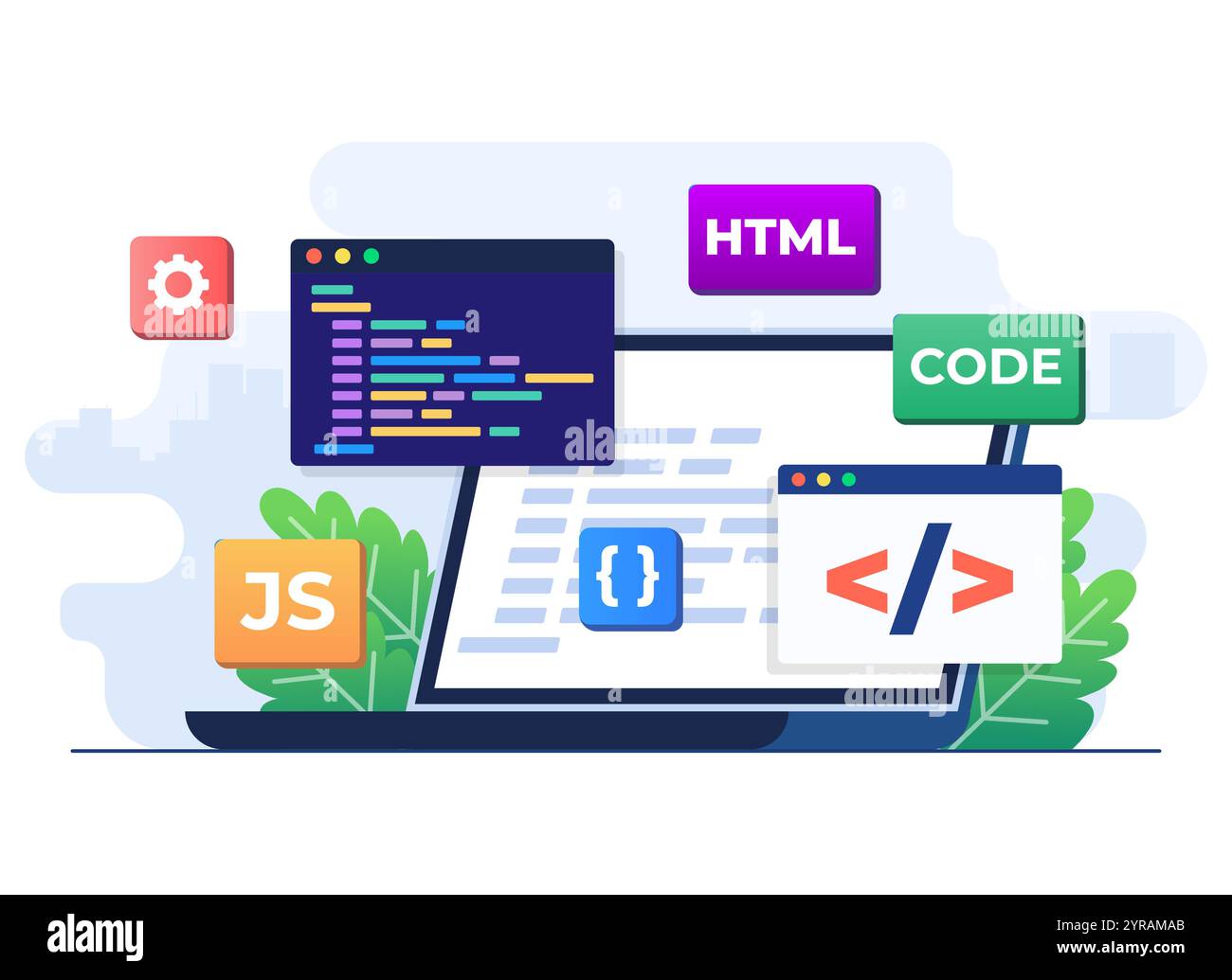 Modello vettoriale per illustrazione piatta del concetto di sviluppo web, progettazione Web, programmazione di computer, progettazione di applicazioni mobili, codifica, software, programmazione Illustrazione Vettoriale