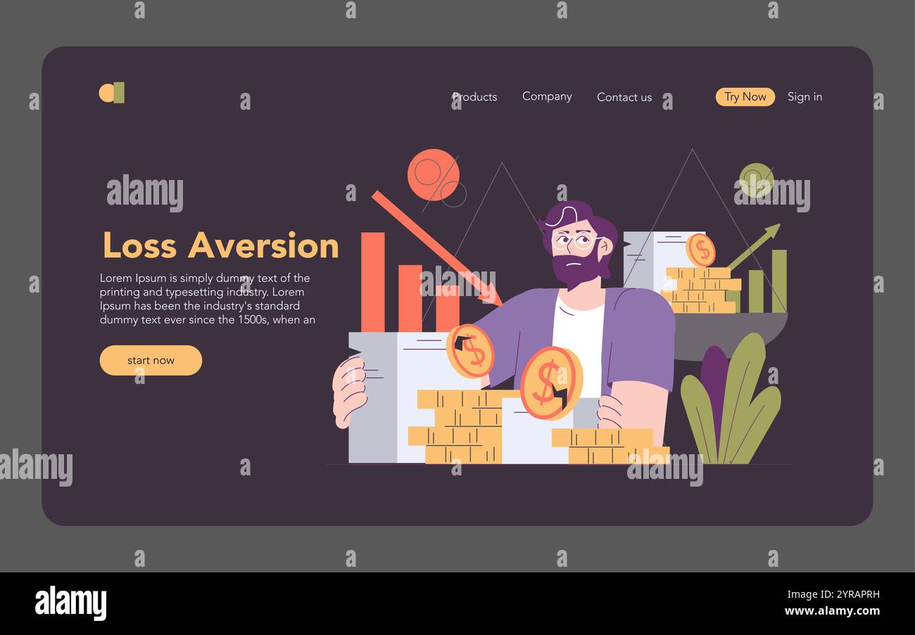 Concetto di economia comportamentale. Un investitore subisce un’avversione alle perdite in mezzo a grafici di mercato in calo e rendimenti in diminuzione. Rischio di investimento, decisioni finanziarie. Illustrazione vettoriale. Illustrazione Vettoriale