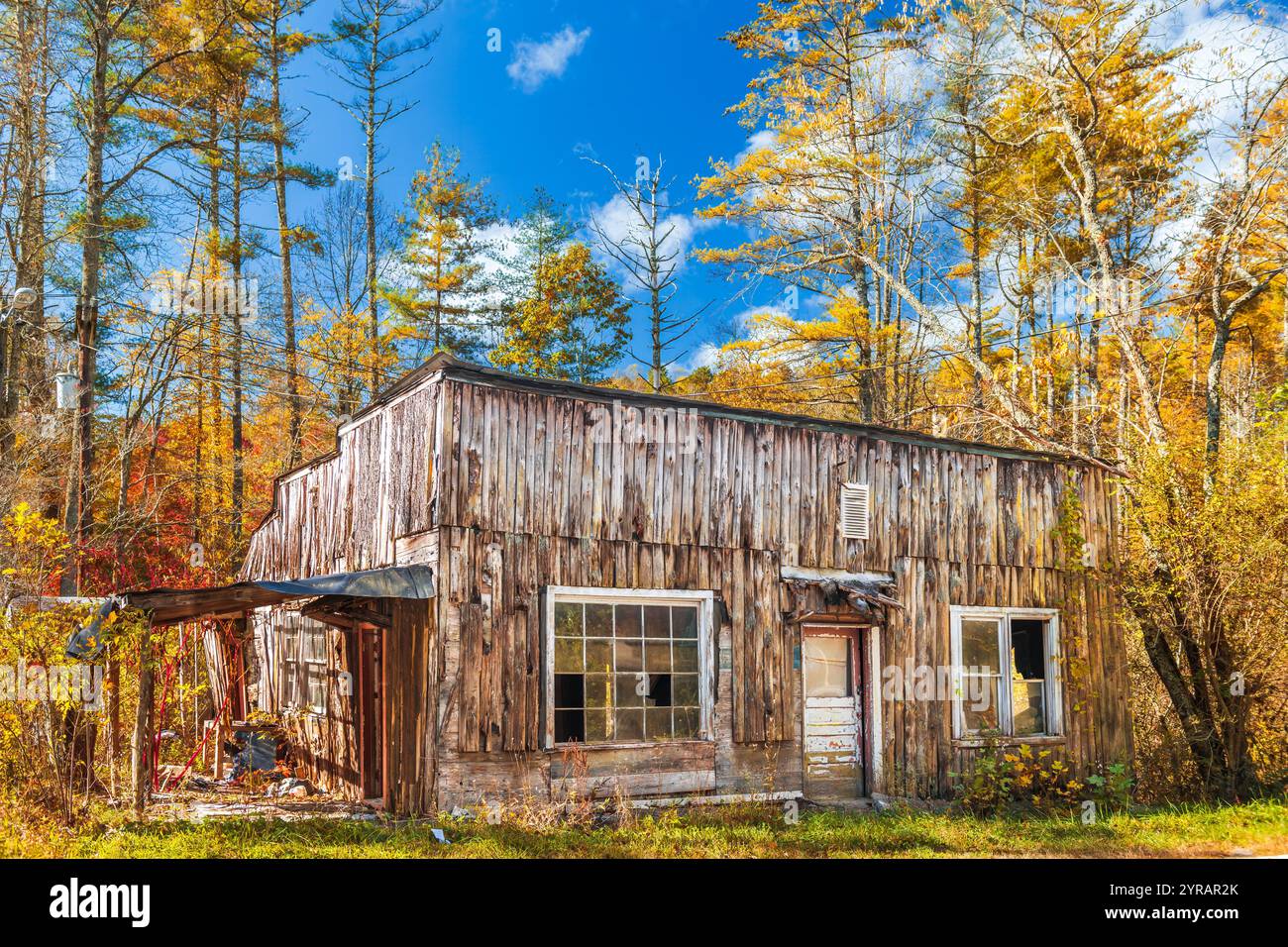 Edificio fatiscente nella foresta di Applachiani del North Carolina, Stati Uniti. Foto Stock