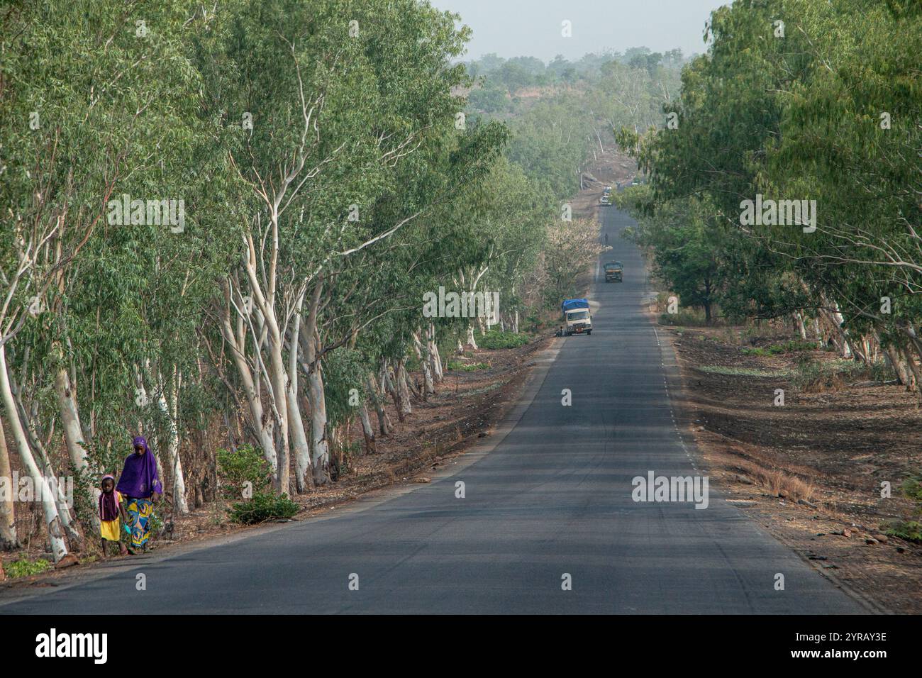 Strada rurale in Togo con alberi, pedoni e veicoli che mostrano la vita quotidiana in campagna Foto Stock