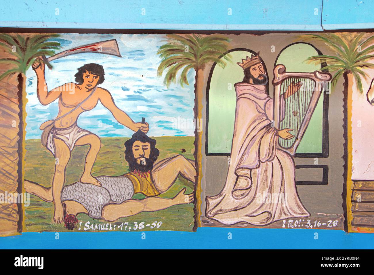 Affreschi biblici sulle pareti della chiesa di nostra Signora del Lago, cattedrale Notre Dame de Togoville, Togoville, Togo Foto Stock