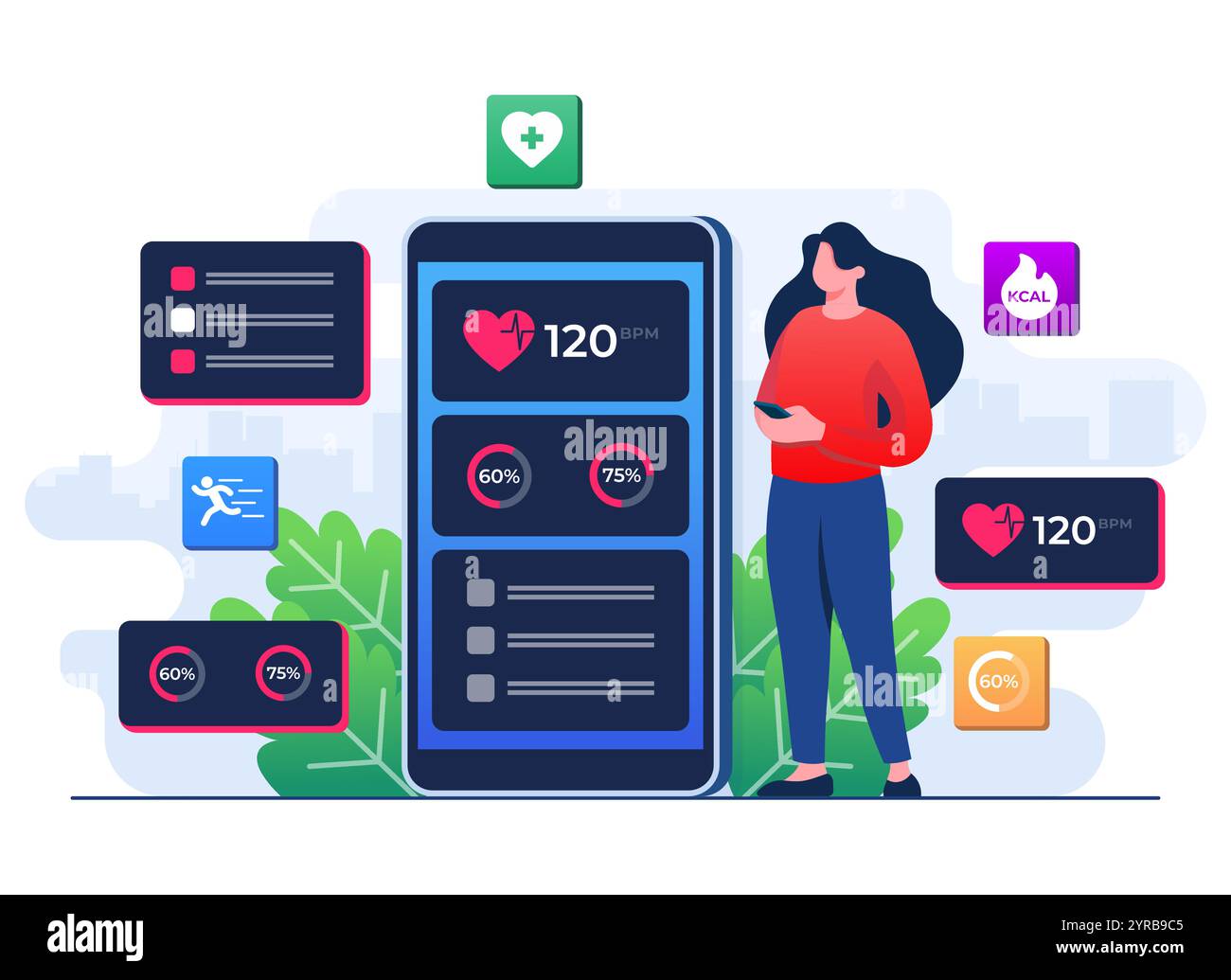 Concetto di salute digitale modello vettoriale a illustrazione piatta, monitoraggio della frequenza cardiaca in uno smartphone, app mobile fitness tracker Illustrazione Vettoriale