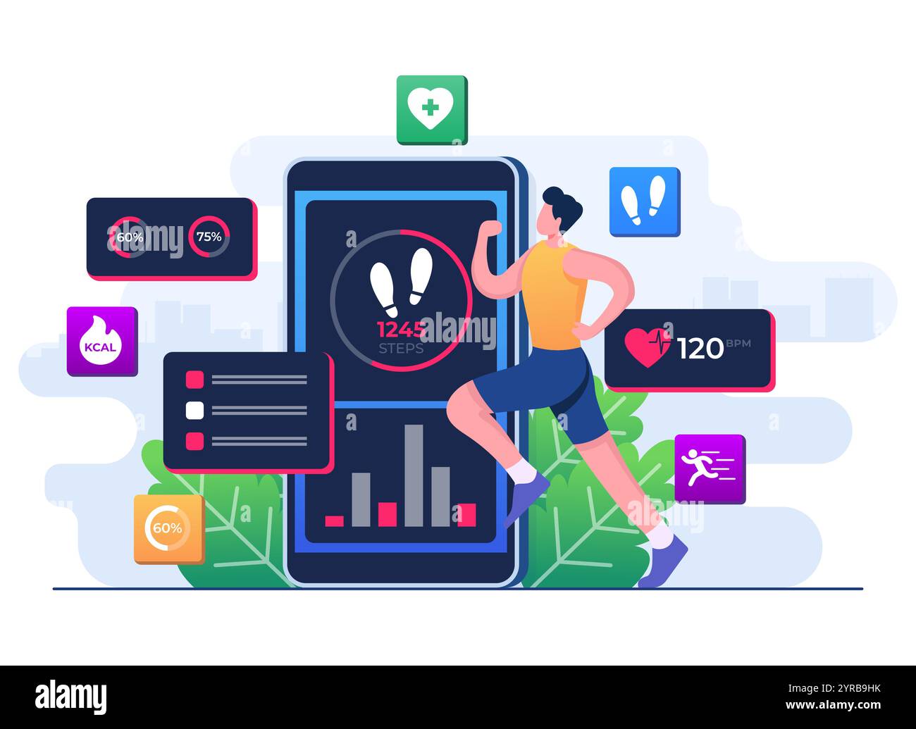 Uomo personaggio che corre e fa allenamento, fitness tracker app mobile modello vettoriale di illustrazione piatta, Smart Working, allenamento, esercizi sportivi, Moni Illustrazione Vettoriale