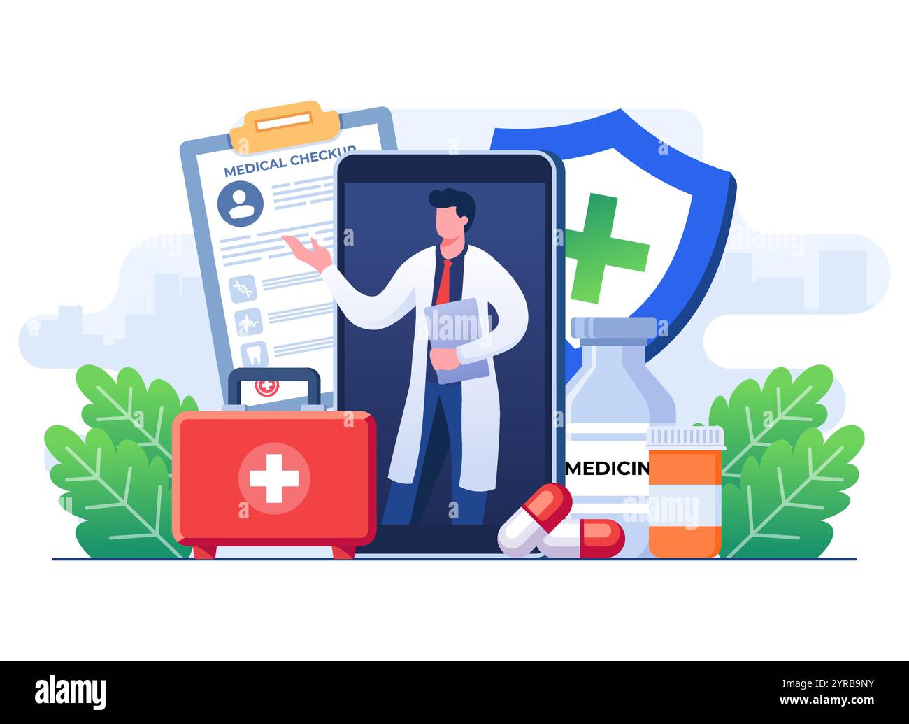 Concetto di controllo medico online modello vettoriale di illustrazione piatta, controllo sanitario, documento dei risultati dei test clinici ospedalieri, dati di prescrizione paziente r Illustrazione Vettoriale