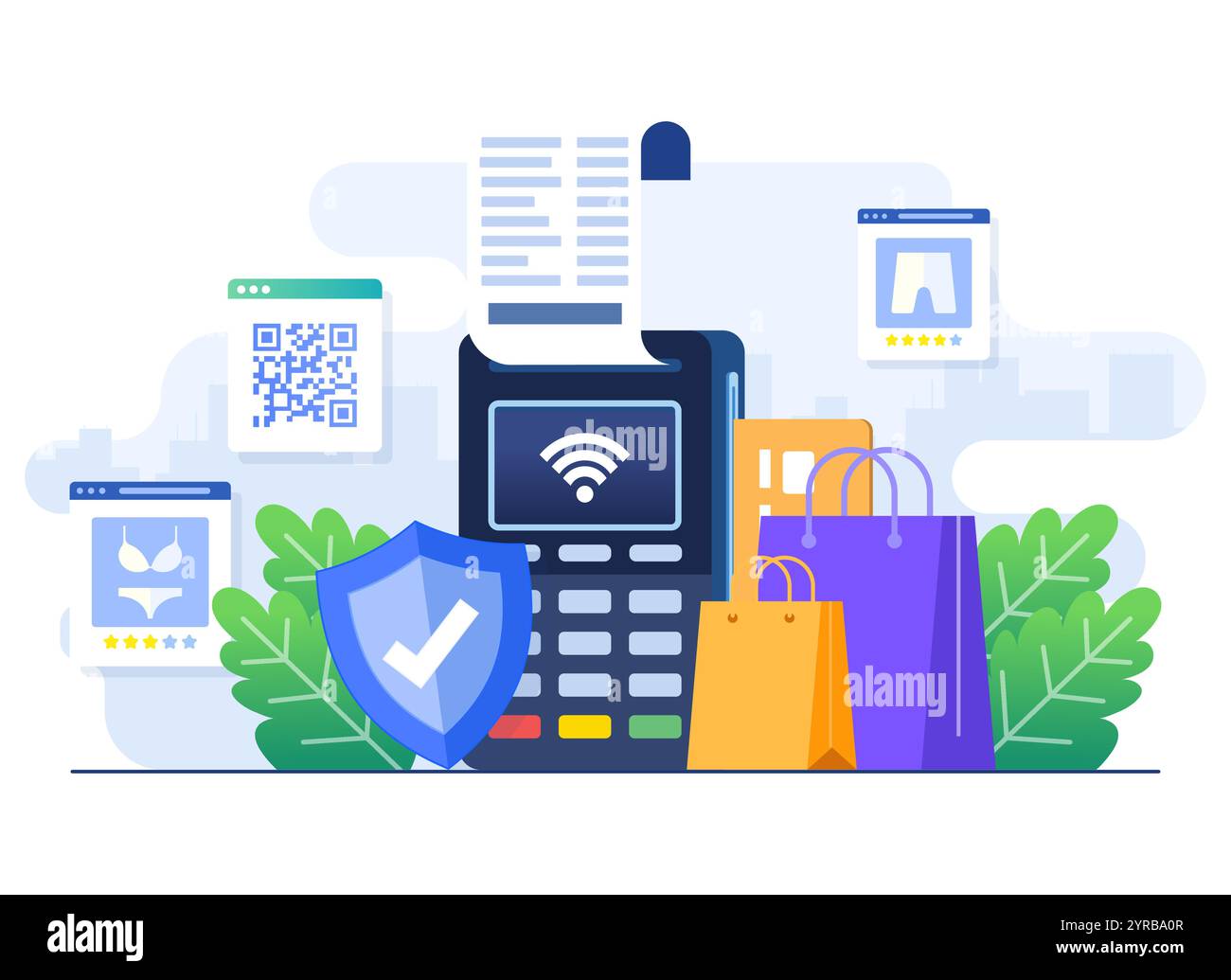 Modello vettoriale di illustrazione piatta per pagamento senza contatto sicuro, pagamento mobile wireless con carta di credito, fattura, concetto di shopping, macchina per il pagamento, Debi Illustrazione Vettoriale