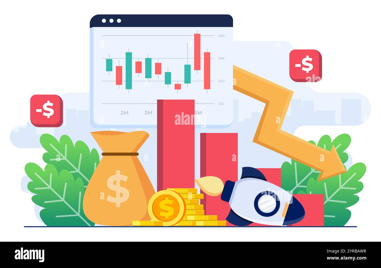 Calo dei prezzi azionari, concetto di crash del mercato azionario modello vettoriale a illustrazione piatta, crisi finanziaria, calo del mercato azionario, recessione economica, divieto Illustrazione Vettoriale