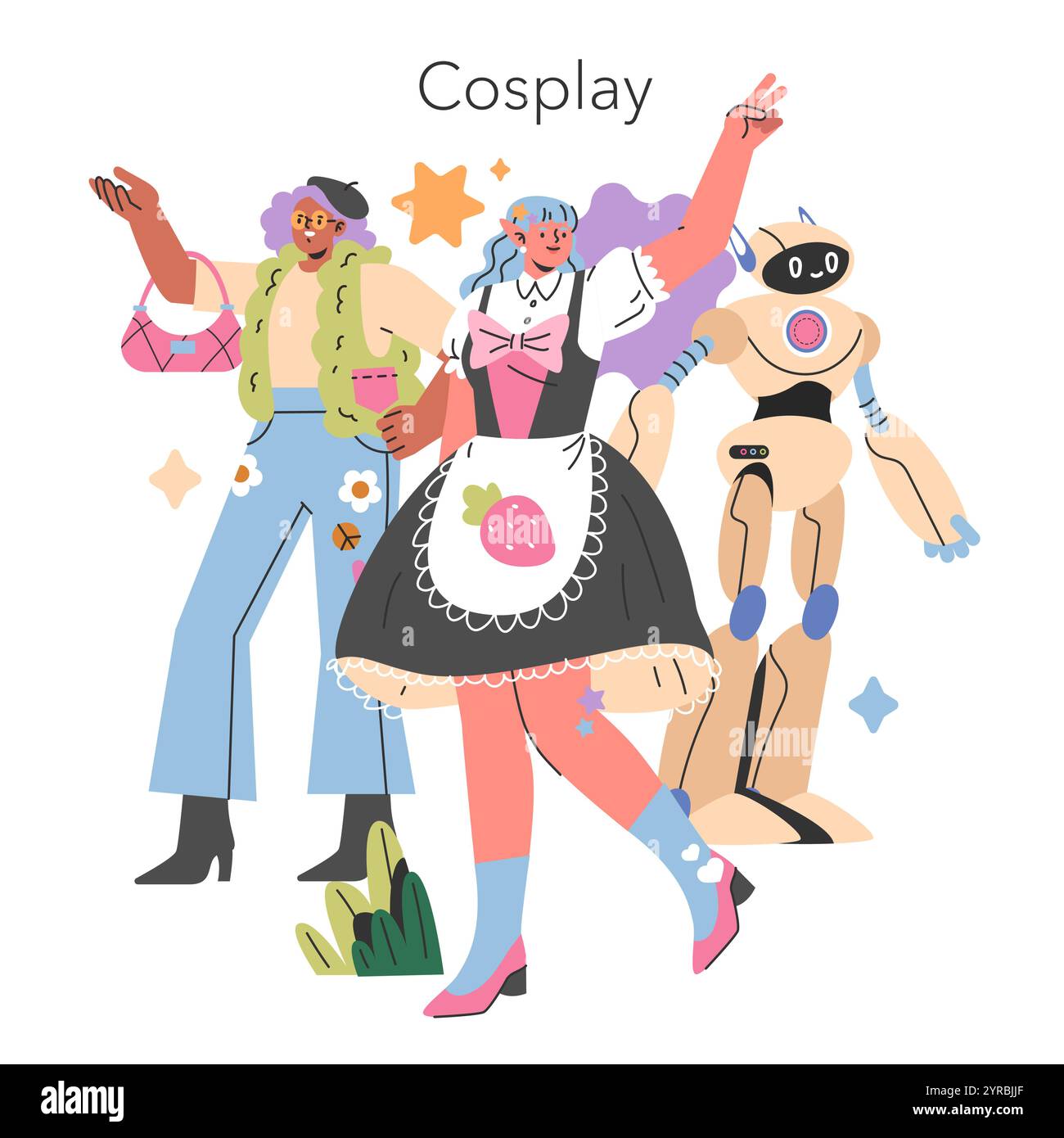 Concetto di Gen Z Hobbies. Gruppo eterogeneo impegnato in cosplay, esprimendo creatività attraverso il design di costumi e giochi di ruolo. Illustrazione vettoriale. Illustrazione Vettoriale