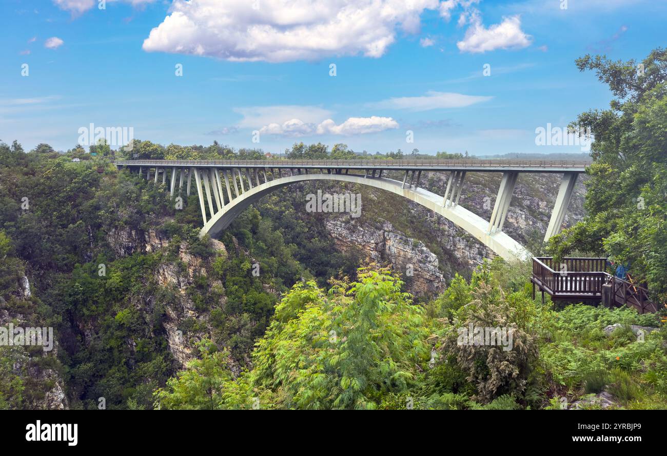 Bloukrans Bridge lungo la Garden Route in Sud Africa. Un ponte ad arco famoso per l'attività di bungee jumping Foto Stock