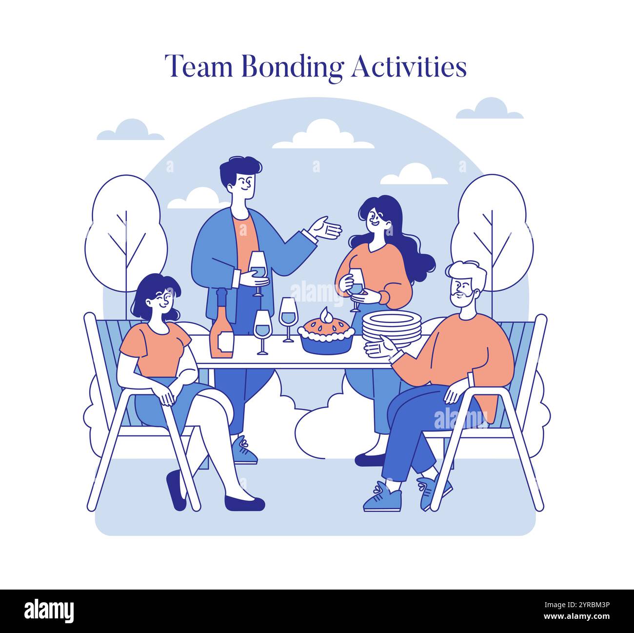 Concetto di attività di collegamento del team. I colleghi si riuniscono all'aperto per un pasto, condividendo il tempo libero per rafforzare le relazioni sul posto di lavoro. Interazione all'aperto, connessione sociale. Illustrazione vettoriale. Illustrazione Vettoriale