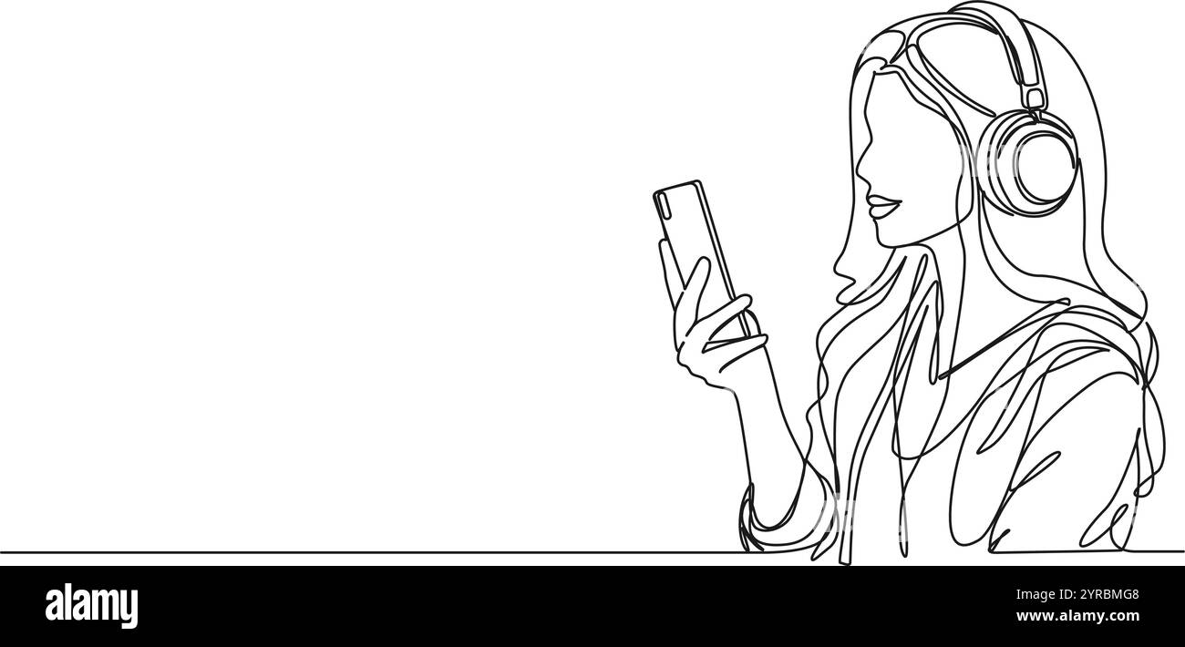 disegno continuo a linea singola di una giovane donna con cuffie che guardano lo smartphone, illustrazione vettoriale line art Illustrazione Vettoriale