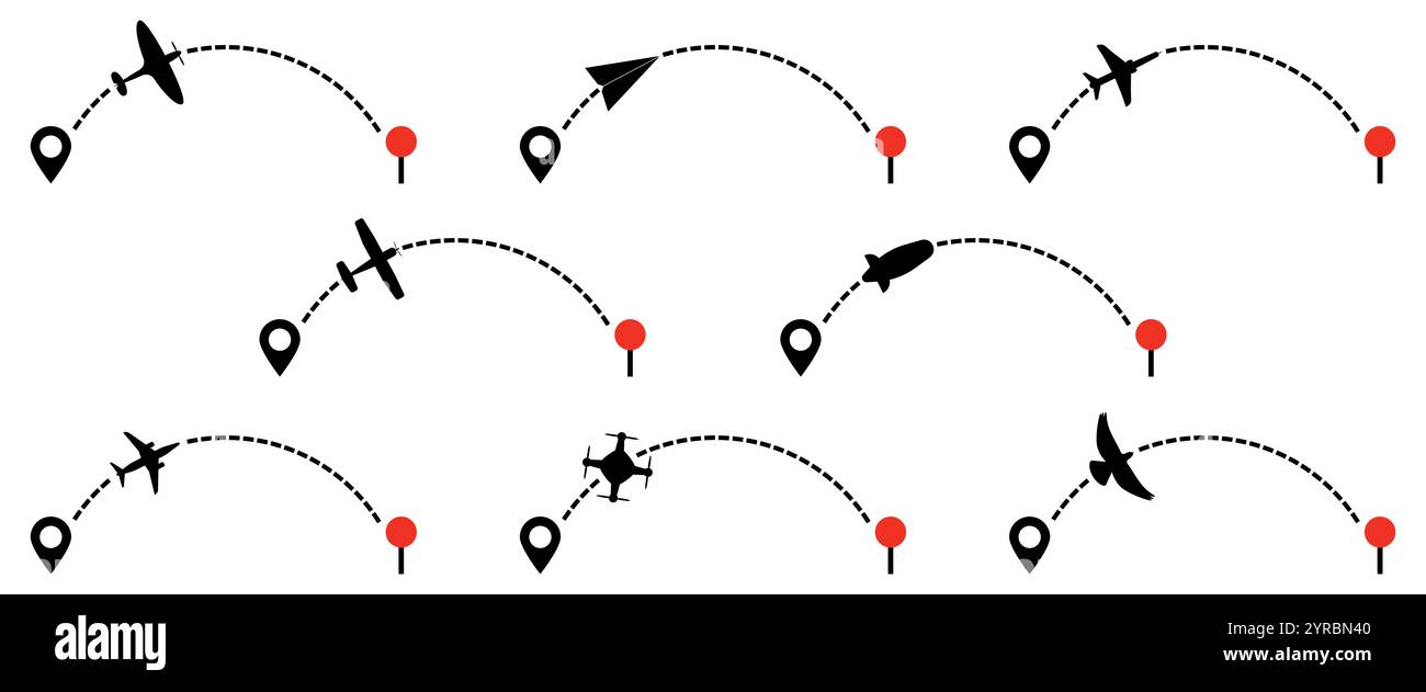 Set di elementi pneumatici che viaggiano da un punto iniziale a un punto finale con tracciatura con linee tratteggiate. Illustrazione Vettoriale