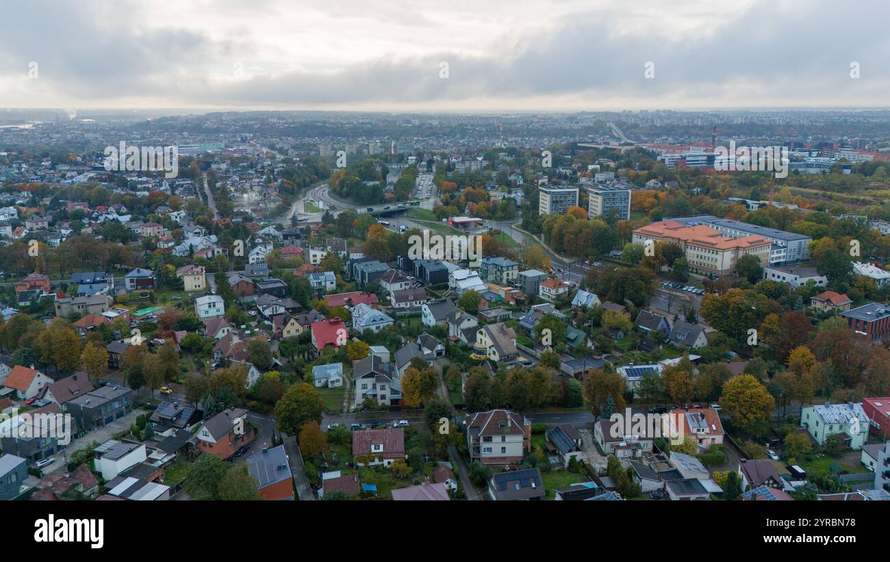 Vista aerea di un quartiere periferico con case, alberi e strade, sotto un cielo nuvoloso. Foto Stock