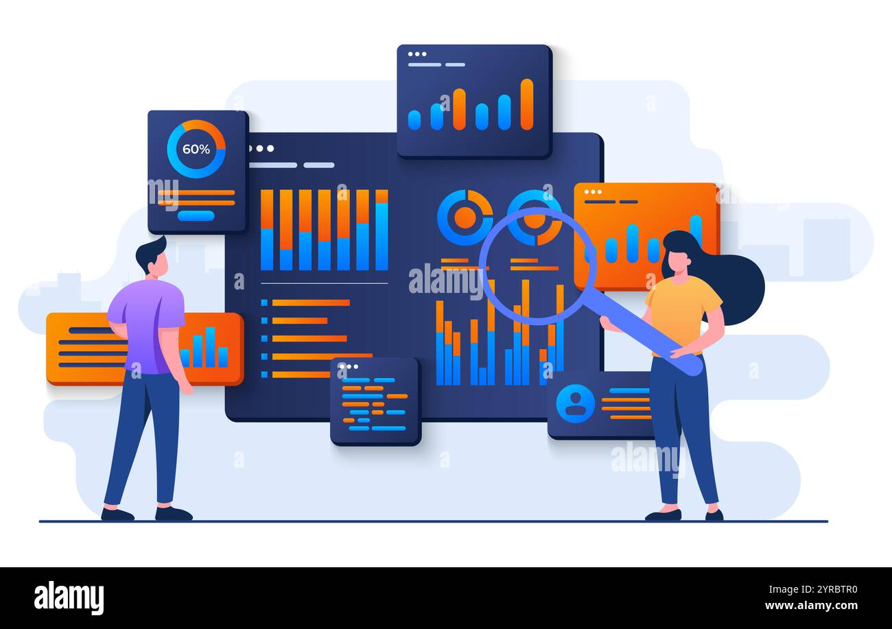 Illustrazione piatta dell'analisi aziendale, sfondo infografico dell'ottimizzazione SEO, persone aziendali che cercano dashboard di analisi seo, report finanziari, Illustrazione Vettoriale