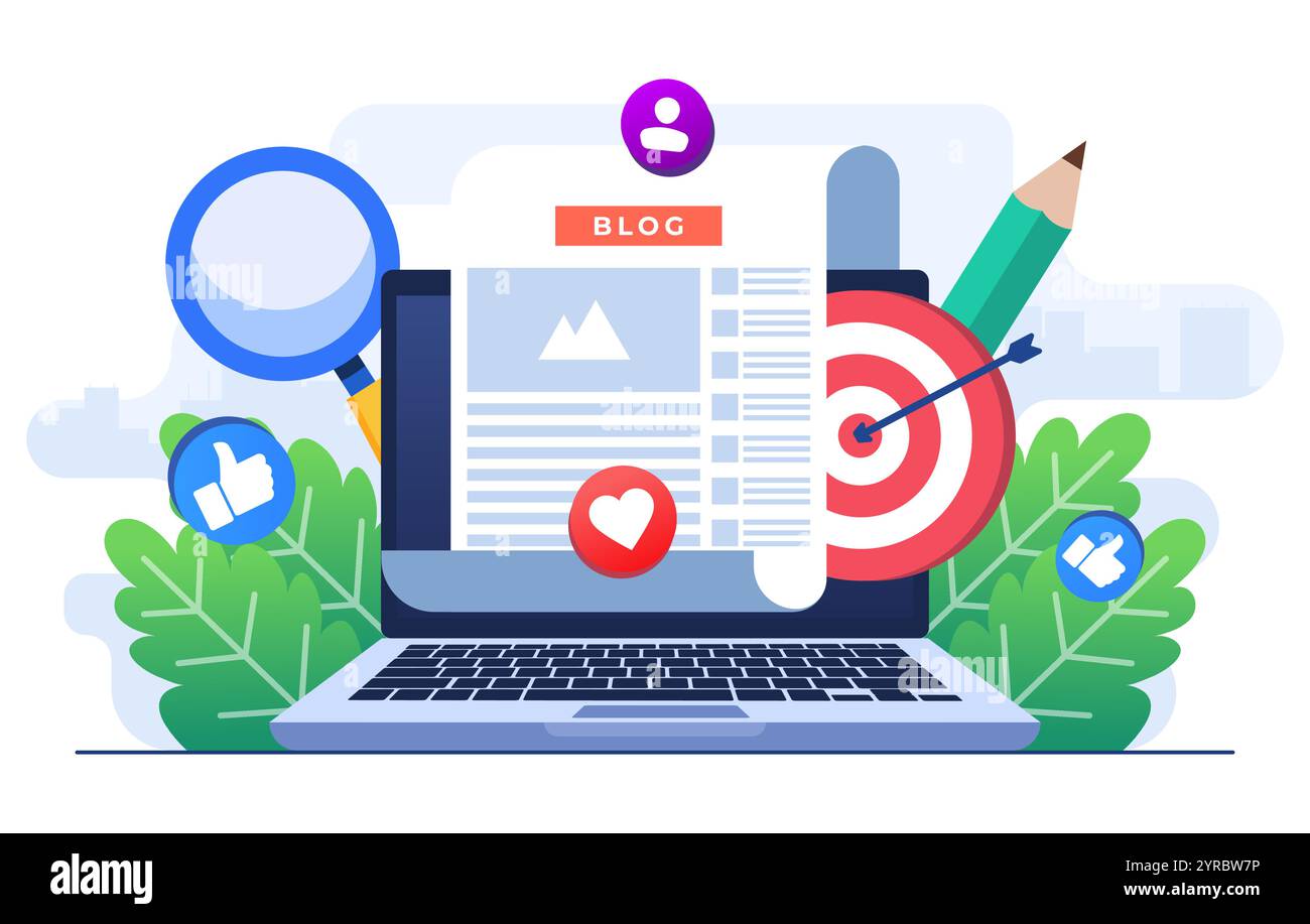 Creazione di articoli di blog concetto di illustrazione piatta modello vettoriale, creazione di contenuti, scrittura di articoli Web freelance, può essere utilizzato per banner Web, landin Illustrazione Vettoriale