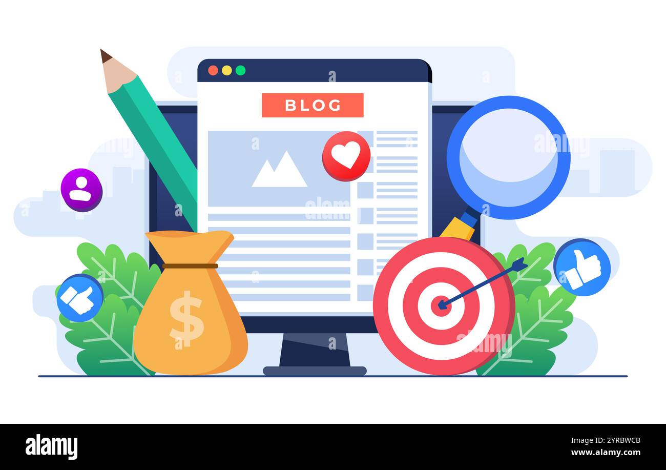 Creazione di articoli di blog concetto di illustrazione piatta modello vettoriale, creazione di contenuti, scrittura di articoli Web freelance, può essere utilizzato per banner Web, landin Illustrazione Vettoriale