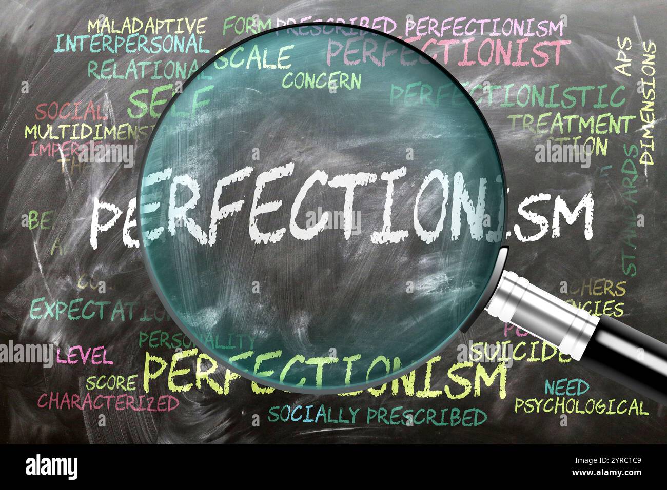 Perfezionismo in fase di studio, esame - sotto stretta ispezione. Argomenti e idee più importanti strettamente legati al perfezionismo. Foto Stock
