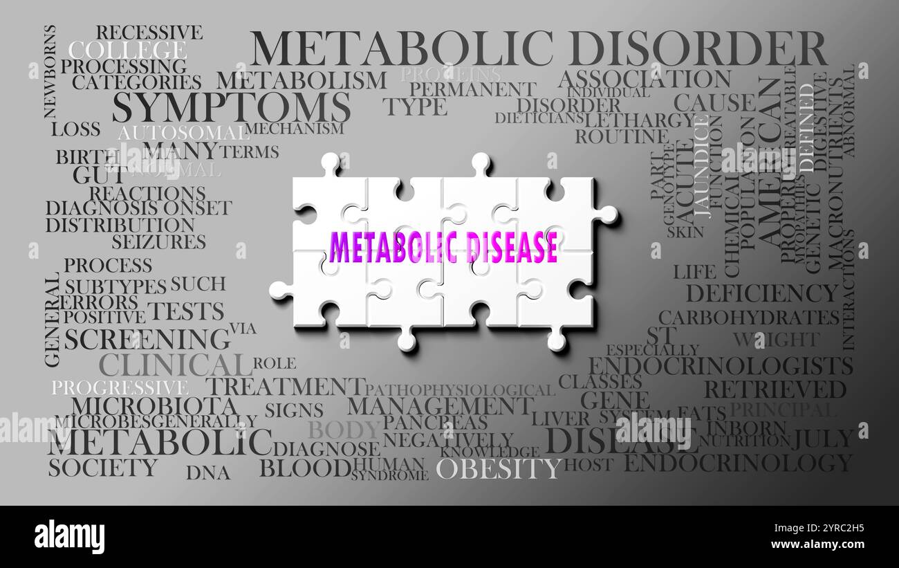 La malattia metabolica come argomento complesso, correlato ad argomenti importanti che si diffondono come una nuvola di parole. Foto Stock