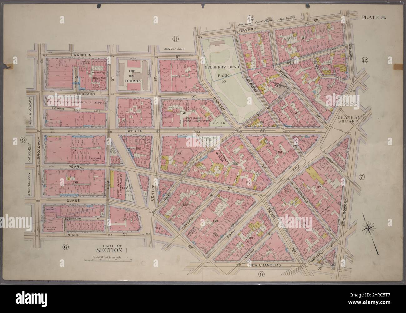 Delimitato da Franklin Street, Bayard Street, Bowery, Chatham Square, New Bowery, Madison Street, New Chambers Street, William Street, Duane Street, Reade Street e Broadway, Plate 8, parte della sezione 1 1899 di Bromley, Walter Scott Foto Stock
