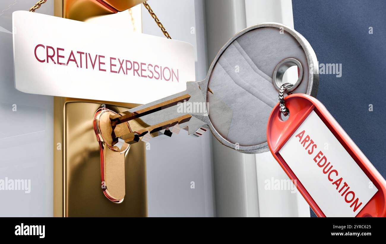 Arts Education porta all'espressione creativa: È la chiave per sbloccare l'espressione creativa. Una metafora della chiave della porta Foto Stock