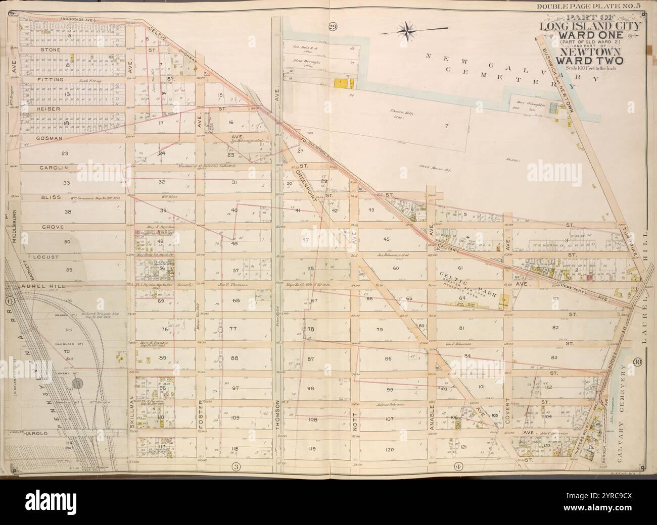 Queens, Vol. 2, Double Page Plate No. 5; Part of Long Island City Ward One (Part of Old Ward 2) Newtown Ward Two; [Map bounded by Woodside Ave., Celtic Ave. (Highway to Calvary Cemetery), Thomson Ave.; include Greenpoint Ave., Bushwick and Newtown Turnpike, Hunters Point Ave., Borden Ave., Van Pelt St., Harold Ave., Middleburg Ave.] 1908 - 1912 Foto Stock