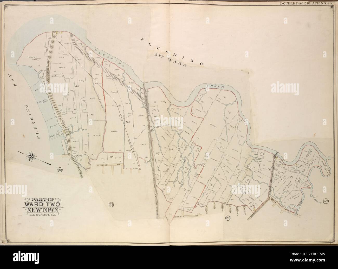 Queens, Vol. 2, Double Page Plate No. 49; Part of Ward Two Newtown; [Map bounded by Flushing Bay, Flushing Creek, Mill Creek, Corona Hempstead Plank Road, Longview St., Fairview St., Home St., Orchard St.; tra cui Smith St., Plateau St., Myrtle Ave., Long Island R.R., Evergeen Ave., Flushing and Newtown Turnpike, Jackson Causeway] 1908 - 1912 Foto Stock