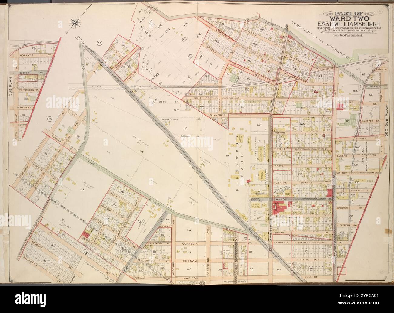 Queens, Vol. 2, Double Page Plate No. 24; Part of Ward Two East Williamsburgh (Evergreen, Ridge Woodheights, Germaniaheights), (St. James Park e Glendale); [Mappa delimitata da Cooper Ave., Irving Ave., Boundary Line tra Borough of Queens e Brooklyn, Madison St., Putnam Ave., Prospect Ave.; include Palmetto St., Fresh Pond Road, Grant St., Sherman St., Myrtle Ave., Glasser St.]; SubPlan; [Mappa delimitata da Irving Ave., Moffalt St., Cooper Ave., Van Vorhees St.; tra cui Schaeffer St., Covert St., linea di confine tra il quartiere di Queens e Brooklyn 1903 Foto Stock