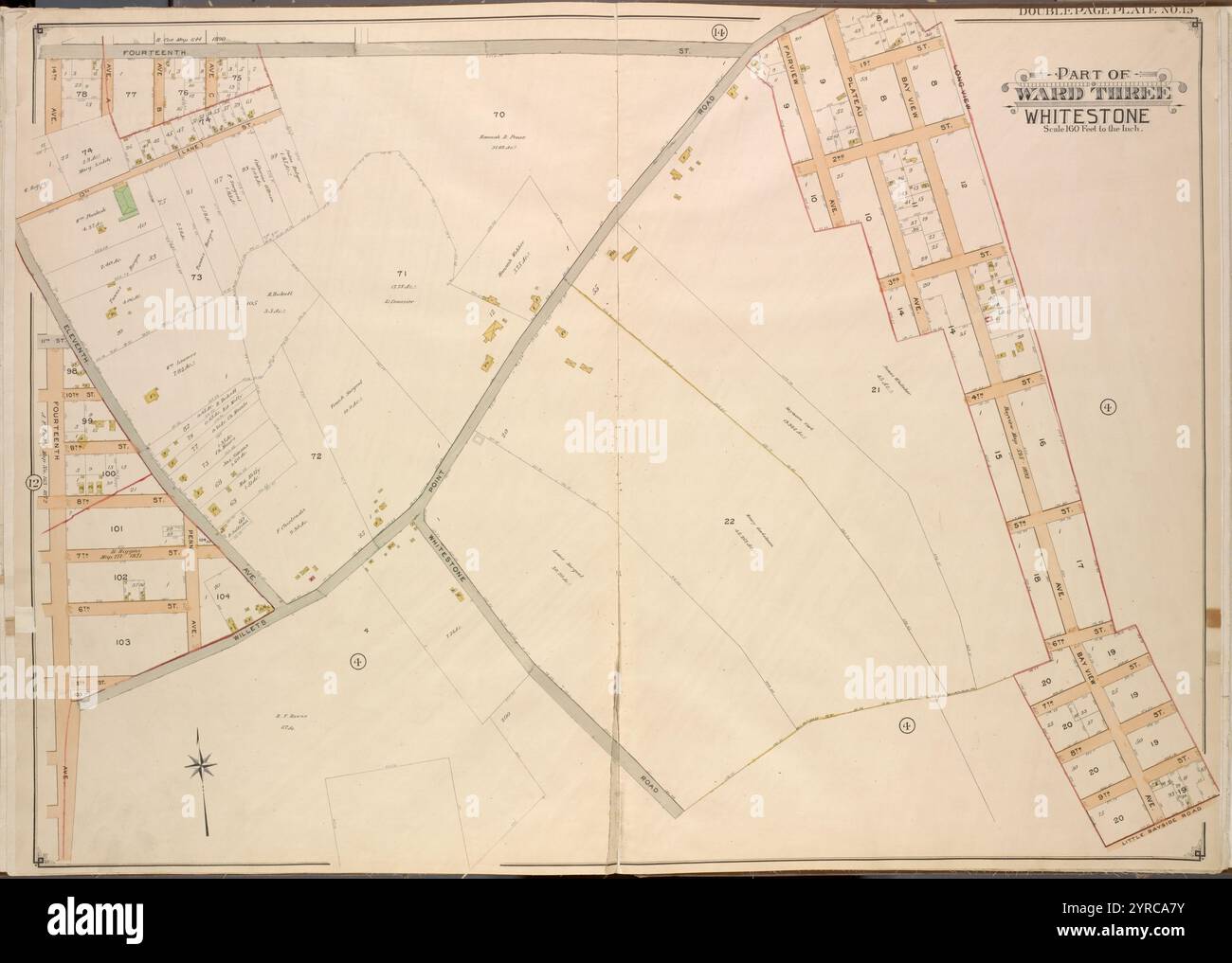 Queens, Vol. 3, Double Page Plate No. 15; Part of ward Three Whitestone; [Map bounded by 14th Ave., 11th Ave., Ave. A, Ave. B, Ave. C, Lane, Penn Ave., Willets Point Road, Whitestone Road, Fairview Ave., Plateau Ave., Bay View Ave.; include 14th St., 13th St., 11th St., 10th St., 9th St., 8th St., 7th St., 6th St., 5th St., 4th St., 3rd St., 2nd St., 1st St.] 1908 - 1913 Foto Stock