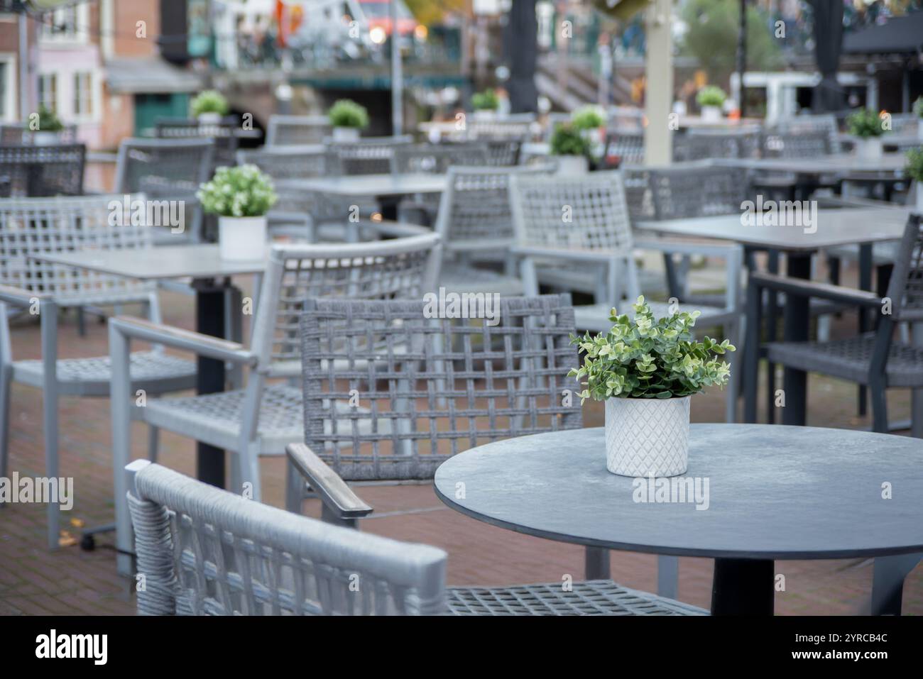 Un'affascinante caffetteria a Leida, Paesi Bassi, con posti a sedere all'aperto vicino a un canale. Tavoli bianchi con piante in vaso, sedie in vimini, leiden, paesi bassi Foto Stock