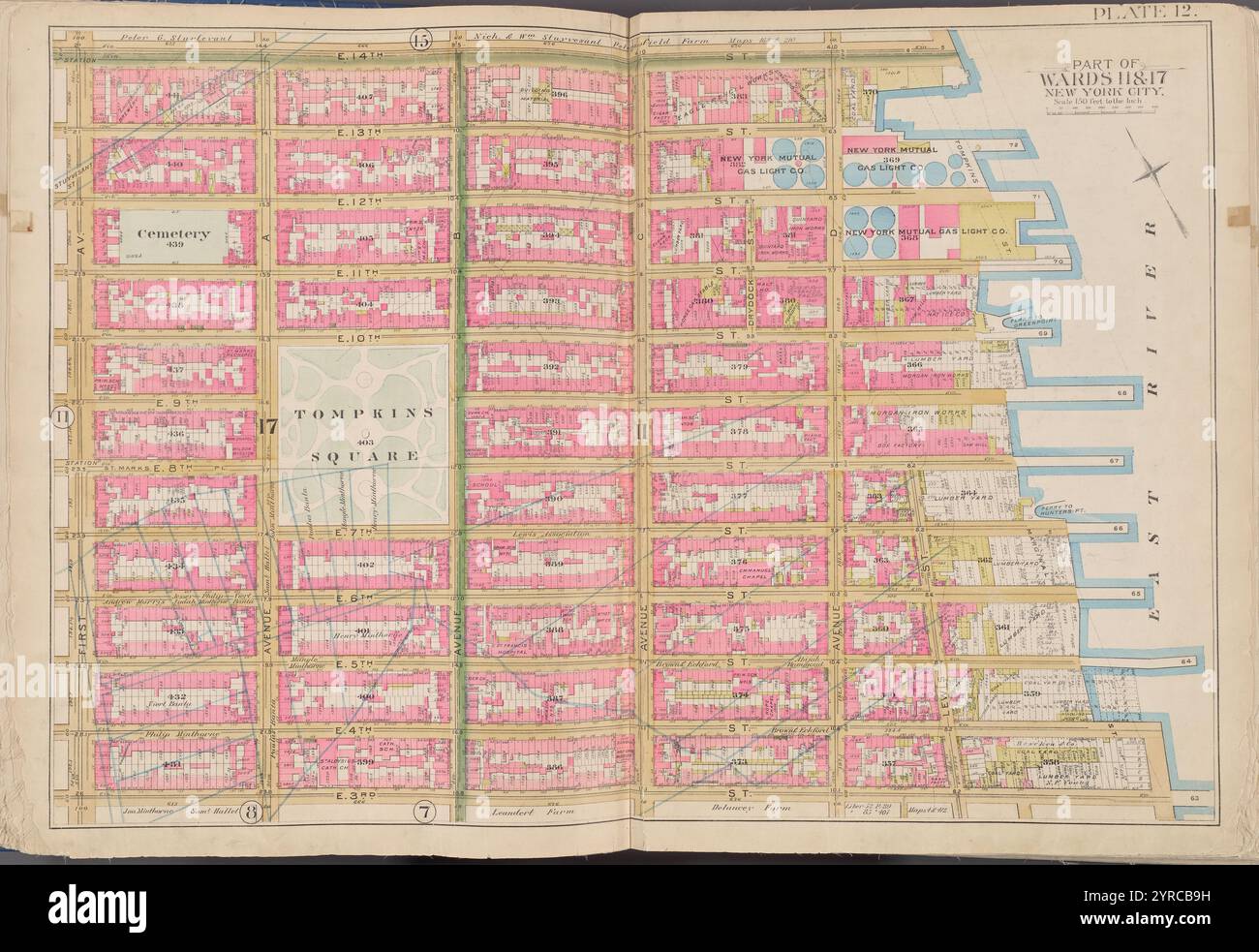 Mappa delimitata da E. 14th St., East River, E. 3rd St., 1st Ave., Plate 12 1891 di Bromley, George Washington Foto Stock