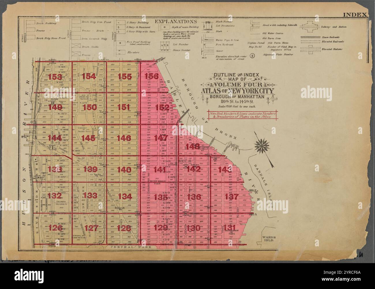 Schema e indice Mappa del volume quattro, Atlas of New York City, Borough of Manhattan. Dalla 110th St. Alla 145th St. 1930 Foto Stock