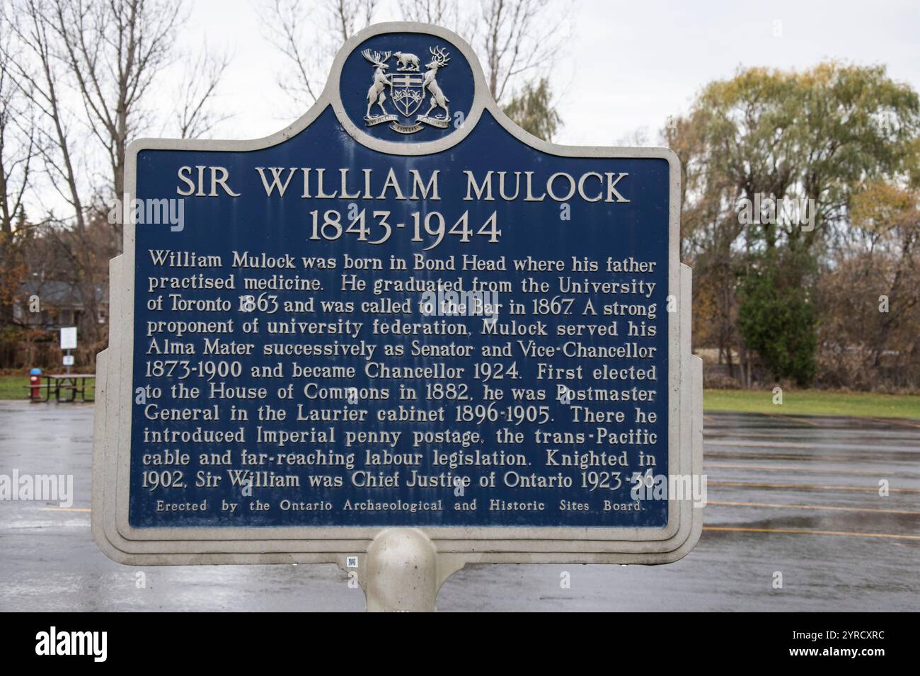 Targa Sir William Mulock presso la sala commemorativa della comunità sulla 27 a Bond Head, Ontario, Canada Foto Stock