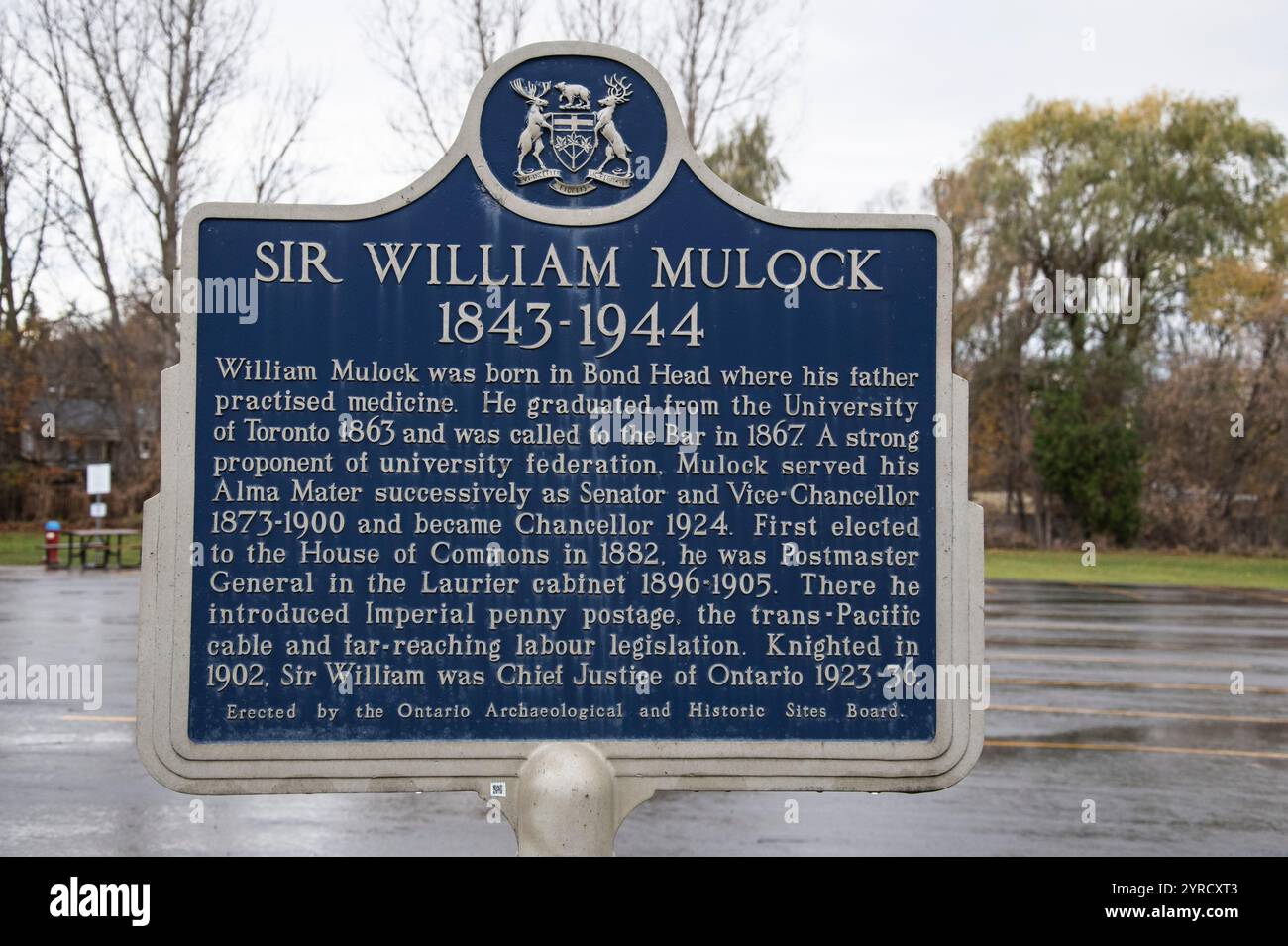 Targa Sir William Mulock presso la sala commemorativa della comunità sulla 27 a Bond Head, Ontario, Canada Foto Stock