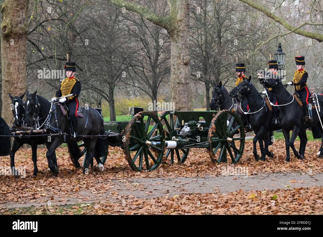 Londra, Regno Unito. 3 dicembre 2024. Un saluto del 41 per onorare l'Amir dello Stato del Qatar, eseguito dalla King's Troop Royal Horse Artillery, si è svolto a Green Park dopo la processione in carrozza durante il primo giorno della visita di Stato. Credito: Fotografia dell'undicesima ora/Alamy Live News Foto Stock