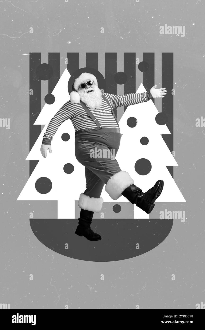 Foto creativa 3D collage artwork cartolina poster biglietto d'auguri di grande funky babbo natale andare vacanza cena isolata su sfondo dipinto Foto Stock