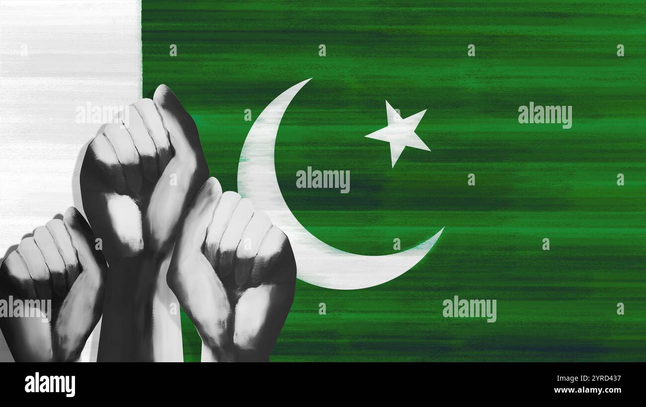 Protesta in Pakistan. Protesta per il Pakistan. Più pugni serrati contro la bandiera pakistana Foto Stock