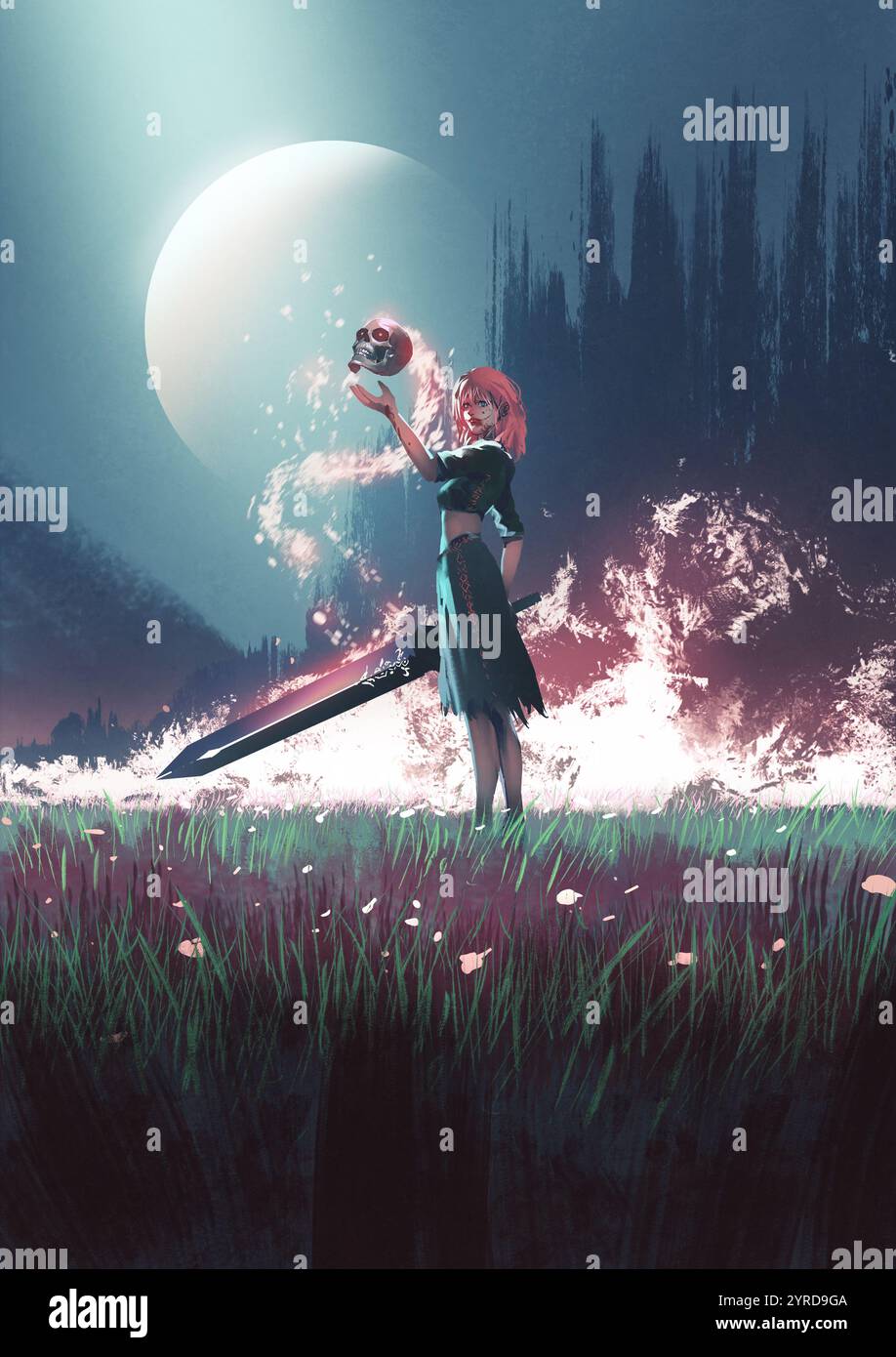 Una feroce guerriera con armature fantasiose e oscure brandisce un'enorme spada infusa di magia, trasudando una presenza minacciosa e malvagia, uno stile d'arte digitale, illus Foto Stock