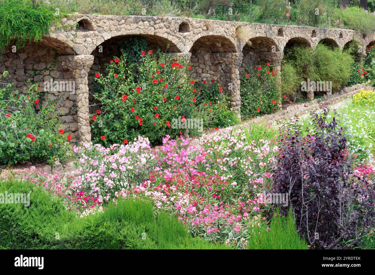 Una splendida arcata in pietra circondata da fiori colorati in fiore, tra cui piante rosa, rosse e viola, in un lussureggiante giardino verde sotto la liga naturale del sole Foto Stock
