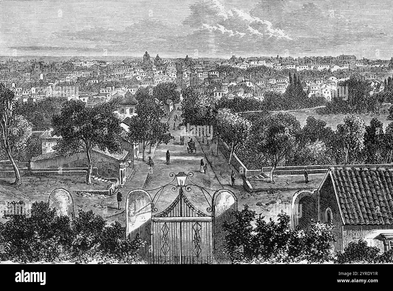 Vista della storica città di Catania ai piedi del vulcano Etna, sul Mar Mediterraneo, parco con camminatori, torri della chiesa, isola di Sicilia, IT Foto Stock